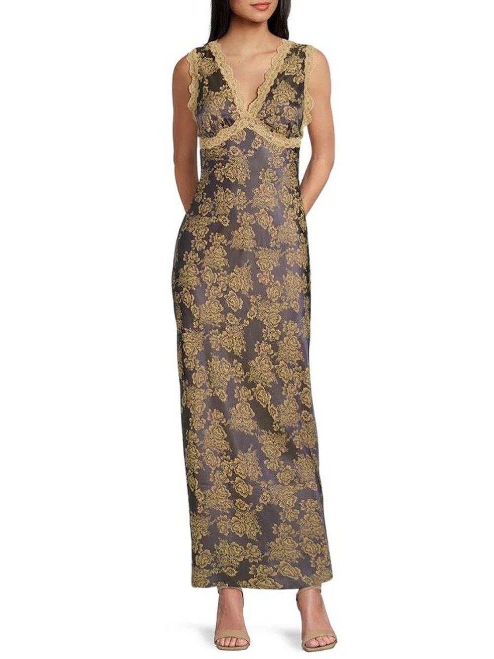 Thirty Thirty, Blue Floral Satin Midi Slip Dress, Size Large, Lace Trim, Wedding